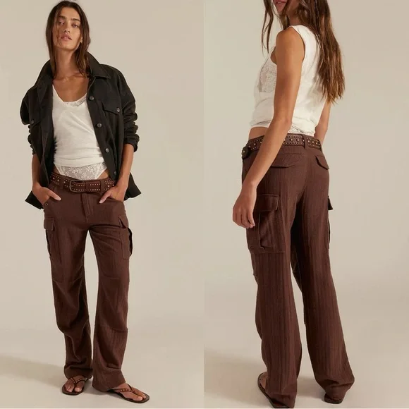 Free People Herringbone Textured Dark Academia Brown Cargo Pants Size 12 NWT - Picture 4 of 17